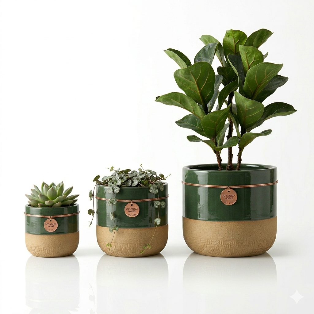 Glazed Ceramic Trio Planters in Forest Green & Tan